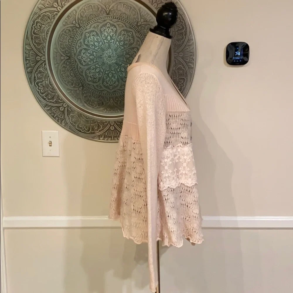 Free People Pale Blush Pink Lace & Knit Button-Up Cardigan - Picture 8 of 13